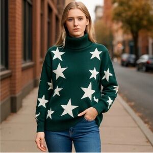 NWOT ZENANA Hunter Green Star Turtleneck Sweater Pullover Medium
